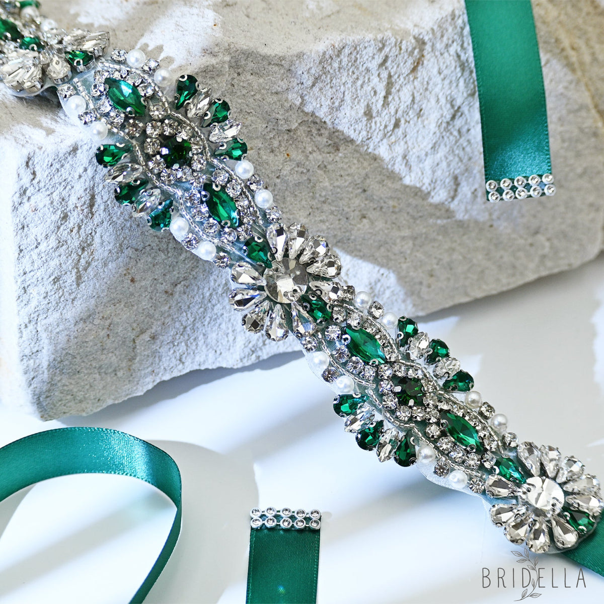 Green Rhinestone Bridal Belt with Ribbon Tie Waist Sash Bridella BS237KL - Emerald - Belts
