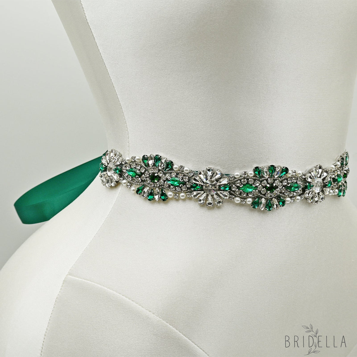 Green Rhinestone Bridal Belt with Ribbon Tie Waist Sash Bridella BS237KL - Emerald - Belts