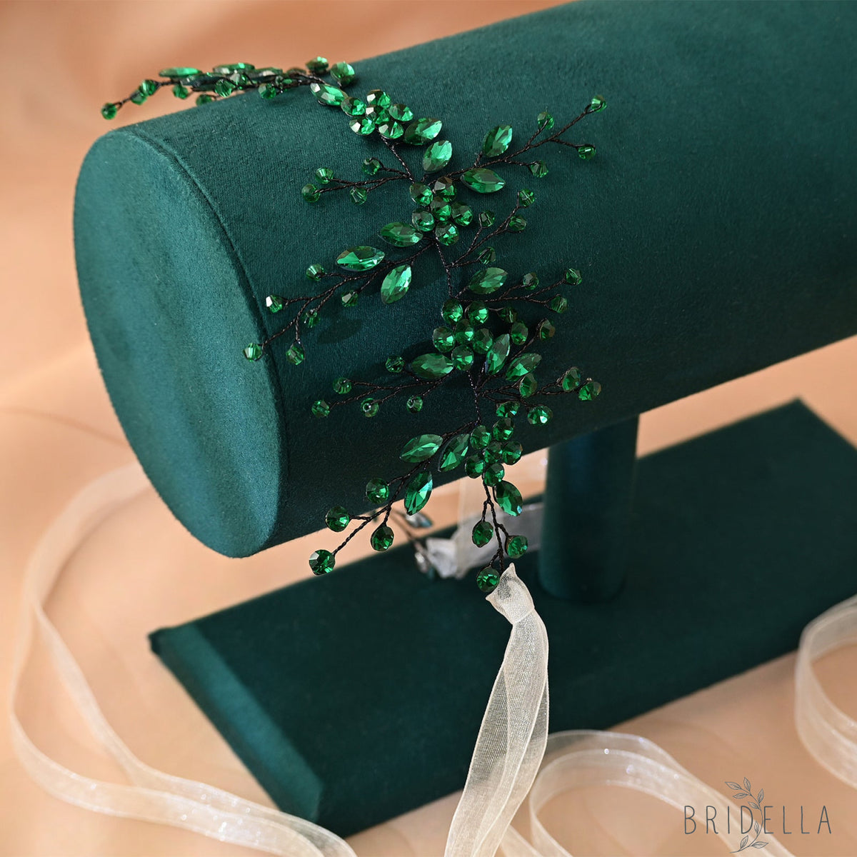 Green Rhinestone & Crystal Bridal Headband for Wedding - Bridella BHP65-KL - Emerald