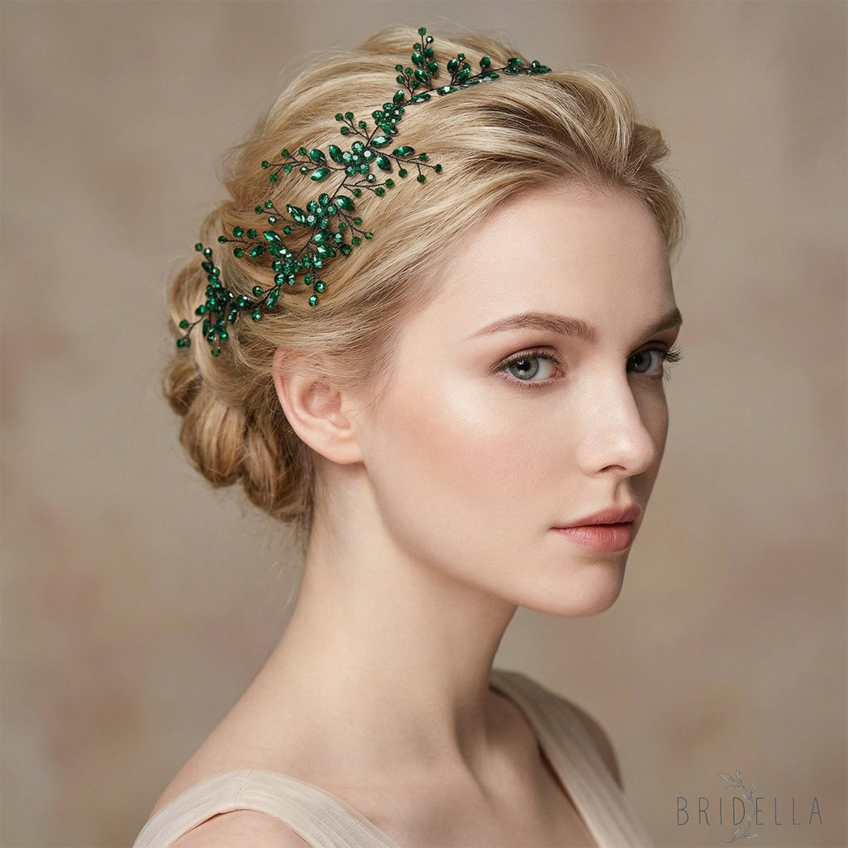 Green Rhinestone & Crystal Bridal Headband for Wedding - Bridella BHP65-KL - Emerald