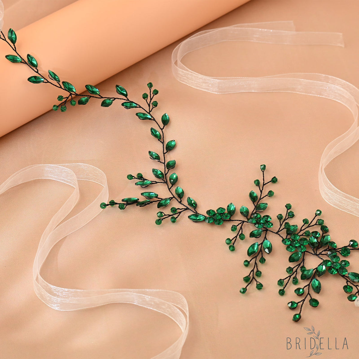 Green Rhinestone & Crystal Bridal Headband for Wedding - Bridella BHP65-KL - Emerald