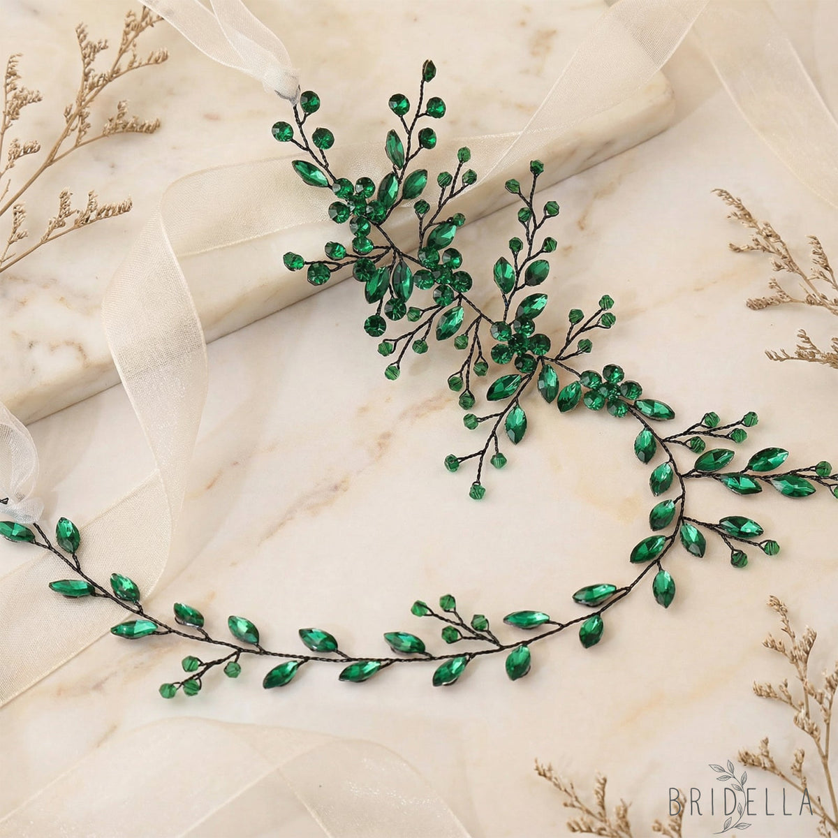 Green Rhinestone & Crystal Bridal Headband for Wedding - Bridella BHP65-KL - Emerald