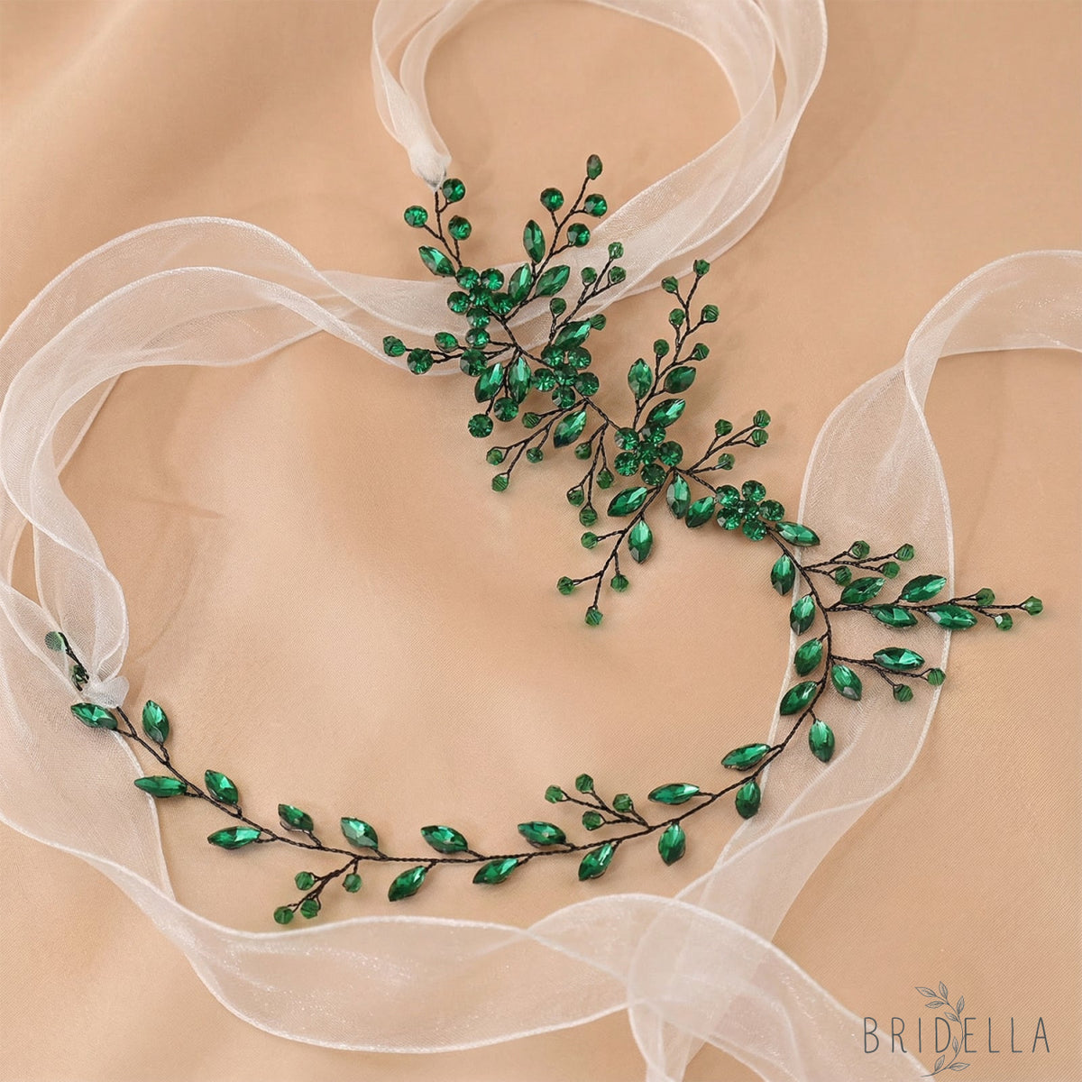 Green Rhinestone & Crystal Bridal Headband for Wedding - Bridella BHP65-KL - Emerald