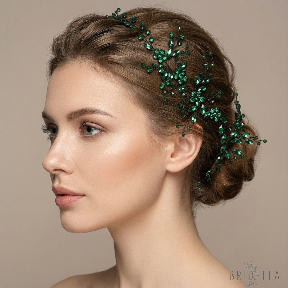 Green Rhinestone & Crystal Bridal Headband for Wedding - Bridella BHP65-KL - Emerald