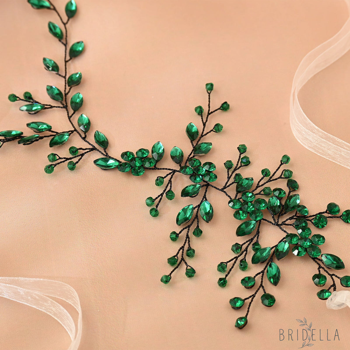 Green Rhinestone & Crystal Bridal Headband for Wedding - Bridella BHP65-KL - Emerald