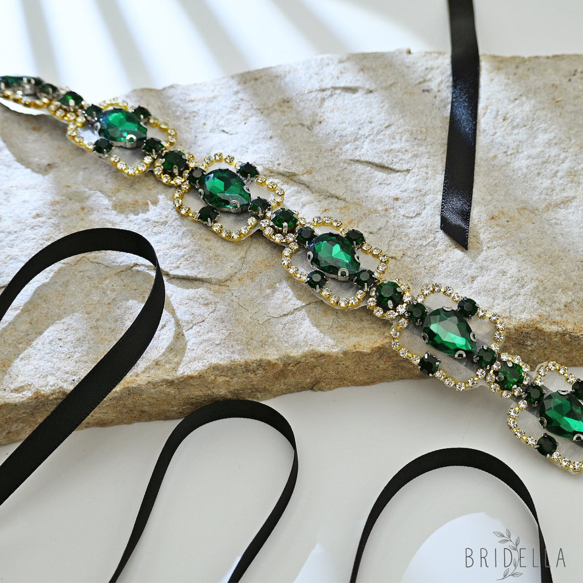 Green Rhinestone & Pearl Belt for Wedding - Bridella BS218KL - Emerald
