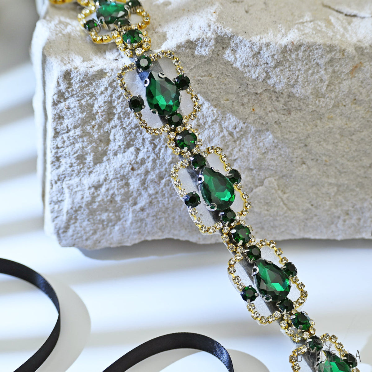 Green Rhinestone & Pearl Belt for Wedding - Bridella BS218KL - Emerald
