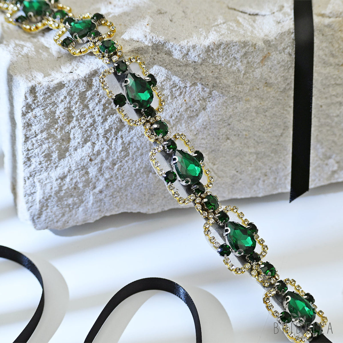Green Rhinestone & Pearl Belt for Wedding - Bridella BS218KL - Emerald