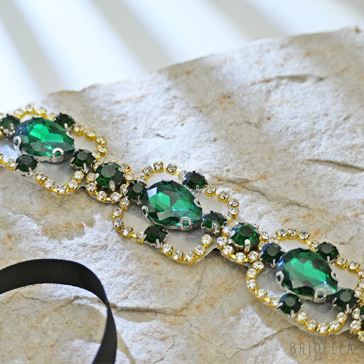Green Rhinestone & Pearl Belt for Wedding - Bridella BS218KL - Emerald