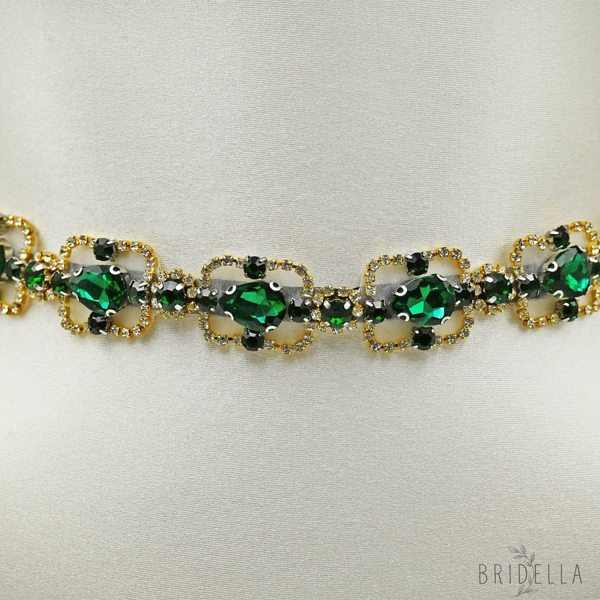 Green Rhinestone & Pearl Belt for Wedding - Bridella BS218KL - Emerald