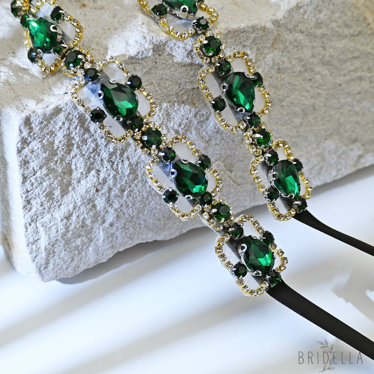 Green Rhinestone & Pearl Belt for Wedding - Bridella BS218KL - Emerald