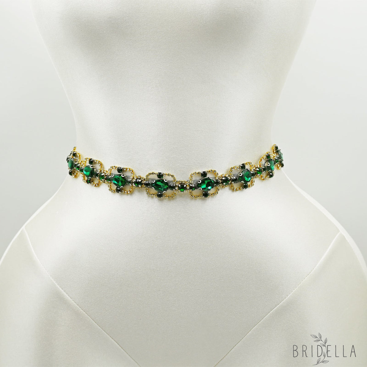 Green Rhinestone & Pearl Belt for Wedding - Bridella BS218KL - Emerald