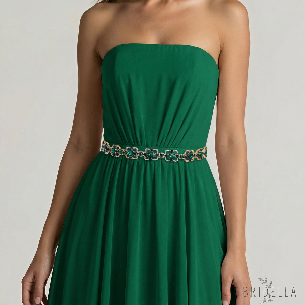 Green Rhinestone & Pearl Belt for Wedding - Bridella BS218KL - Emerald