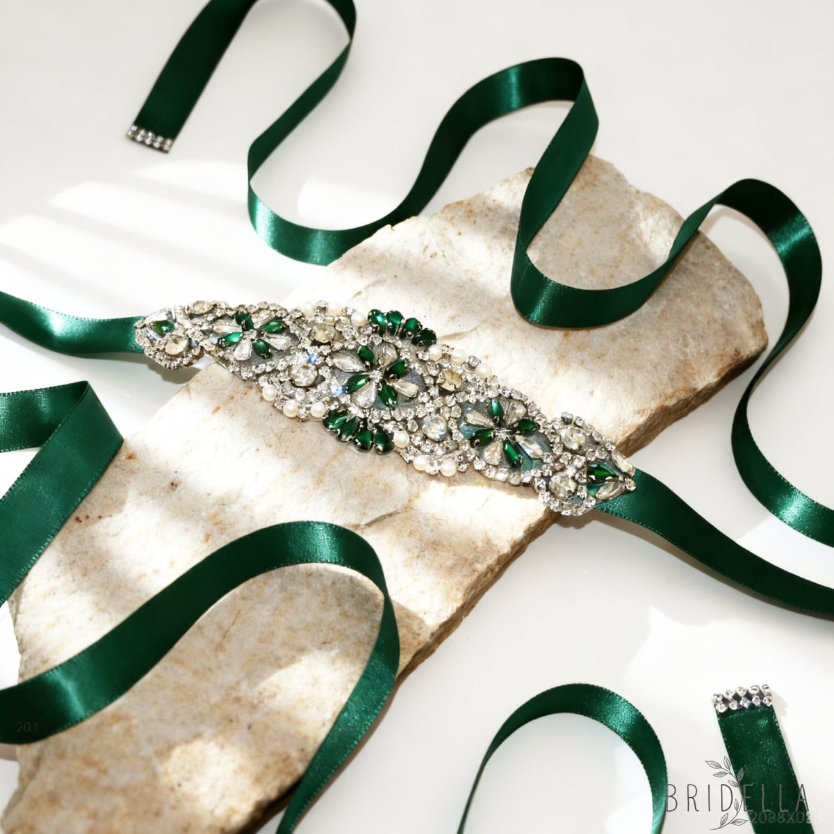Green Rhinestone Pearl Bridal Belt – Bridella BS104KL - Green Ribbon - Belts