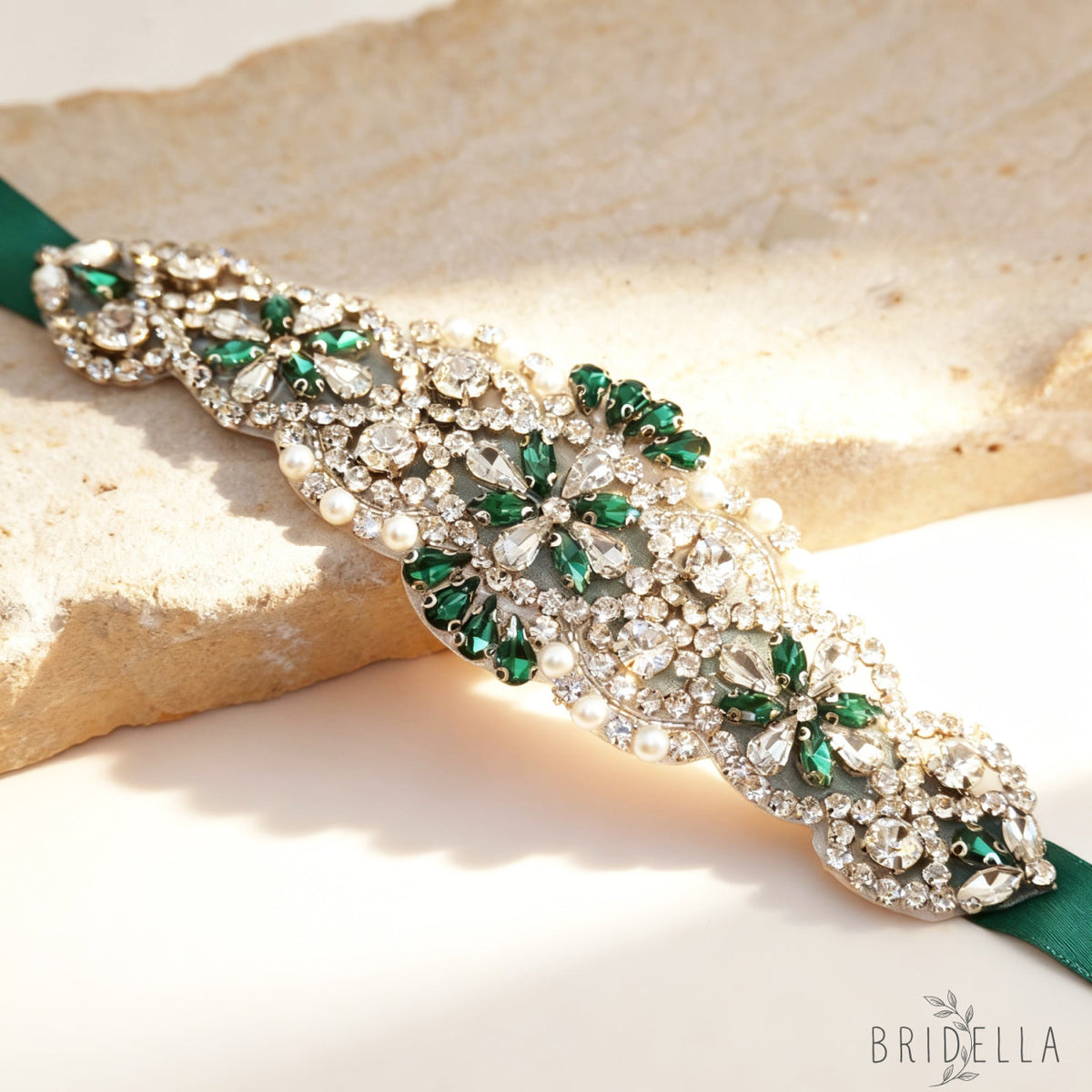 Green Rhinestone Pearl Bridal Belt – Bridella BS104KL - Green Ribbon - Belts