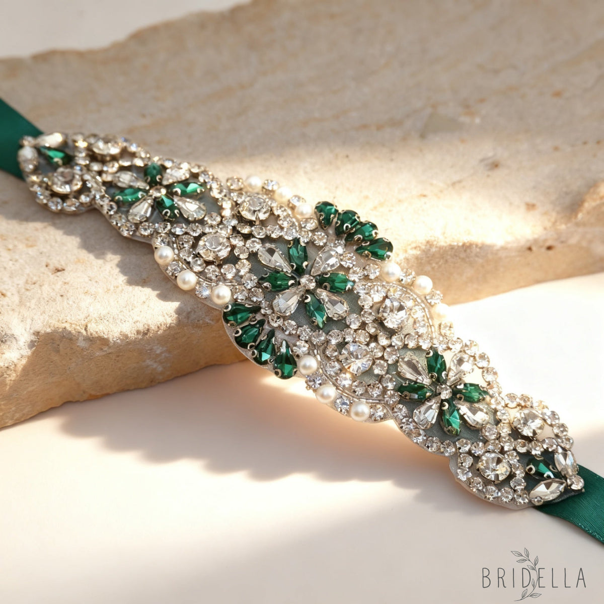 Green Rhinestone Pearl Bridal Belt – Bridella BS104KL - Green Ribbon - Belts