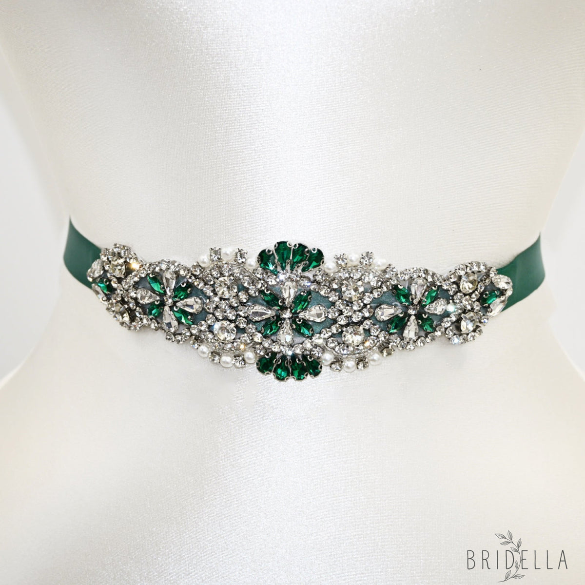 Green Rhinestone Pearl Bridal Belt – Bridella BS104KL - Green Ribbon - Belts