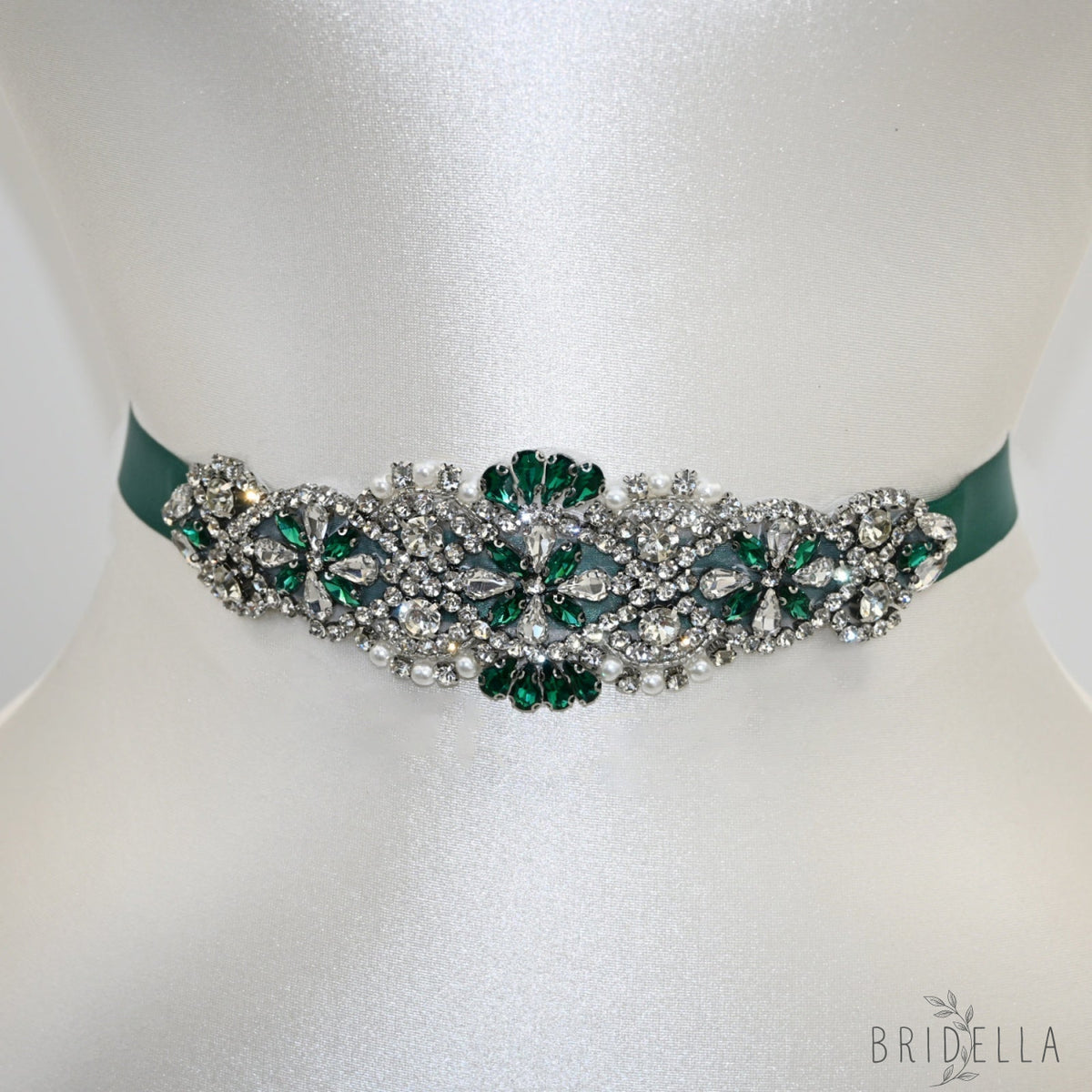Green Rhinestone Pearl Bridal Belt – Bridella BS104KL - Green Ribbon - Belts