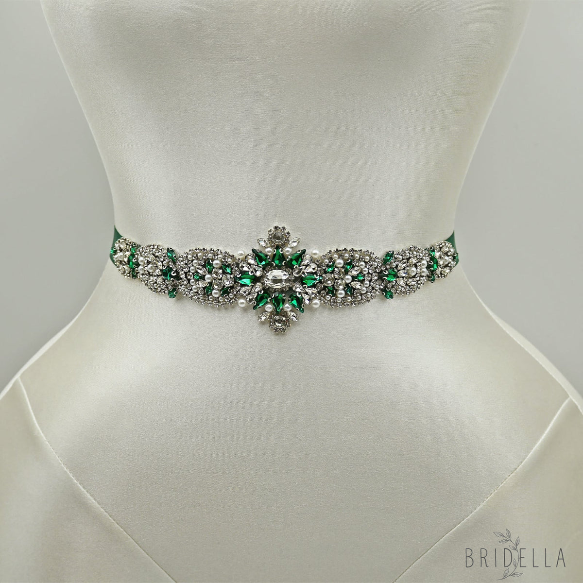 Green Rhinestone & Pearl Bridal Belt Sash for Wedding - Bridella BS84KL - Green - Belts