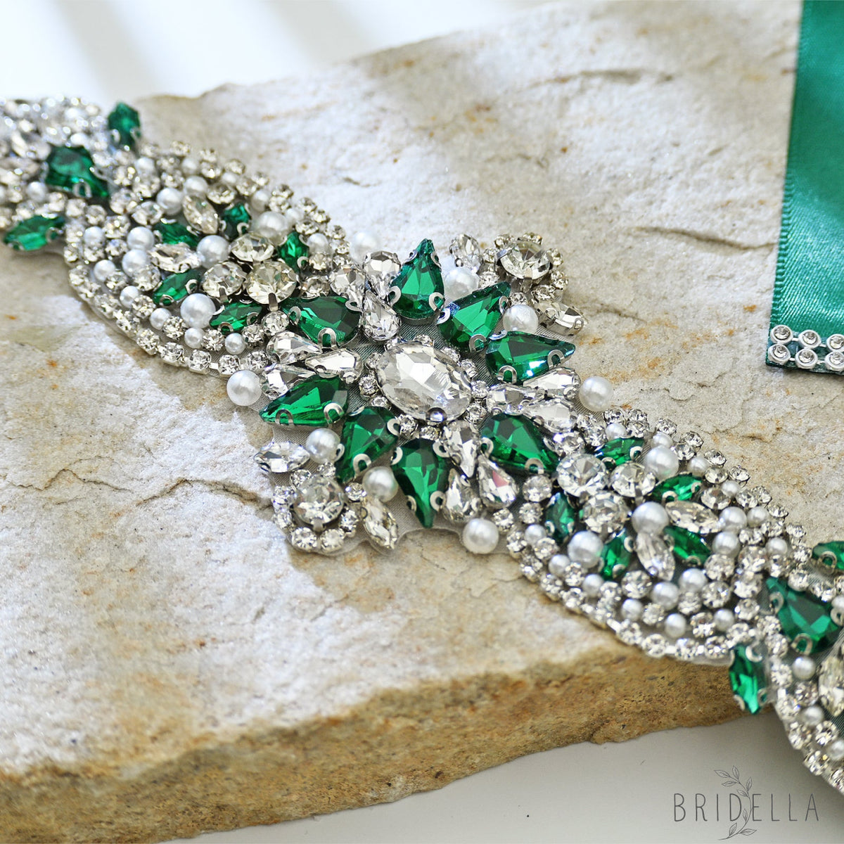 Green Rhinestone & Pearl Bridal Belt Sash for Wedding - Bridella BS84KL - Green - Belts
