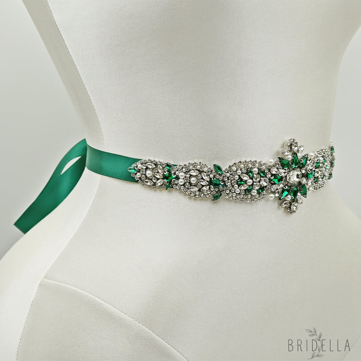 Green Rhinestone & Pearl Bridal Belt Sash for Wedding - Bridella BS84KL - Green - Belts