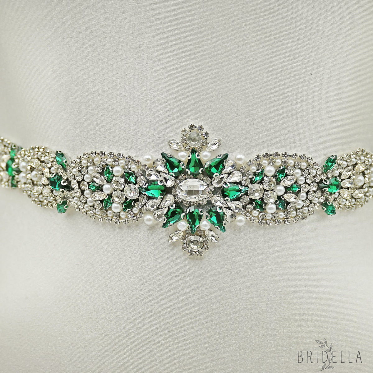 Green Rhinestone & Pearl Bridal Belt Sash for Wedding - Bridella BS84KL - Green - Belts