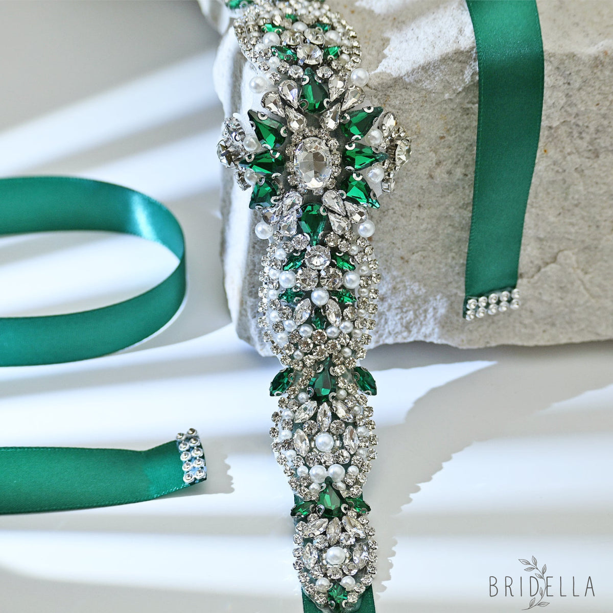 Green Rhinestone & Pearl Bridal Belt Sash for Wedding - Bridella BS84KL - Green - Belts