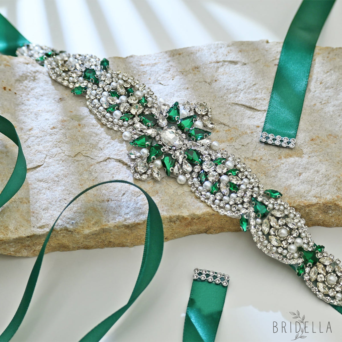 Green Rhinestone & Pearl Bridal Belt Sash for Wedding - Bridella BS84KL - Green - Belts