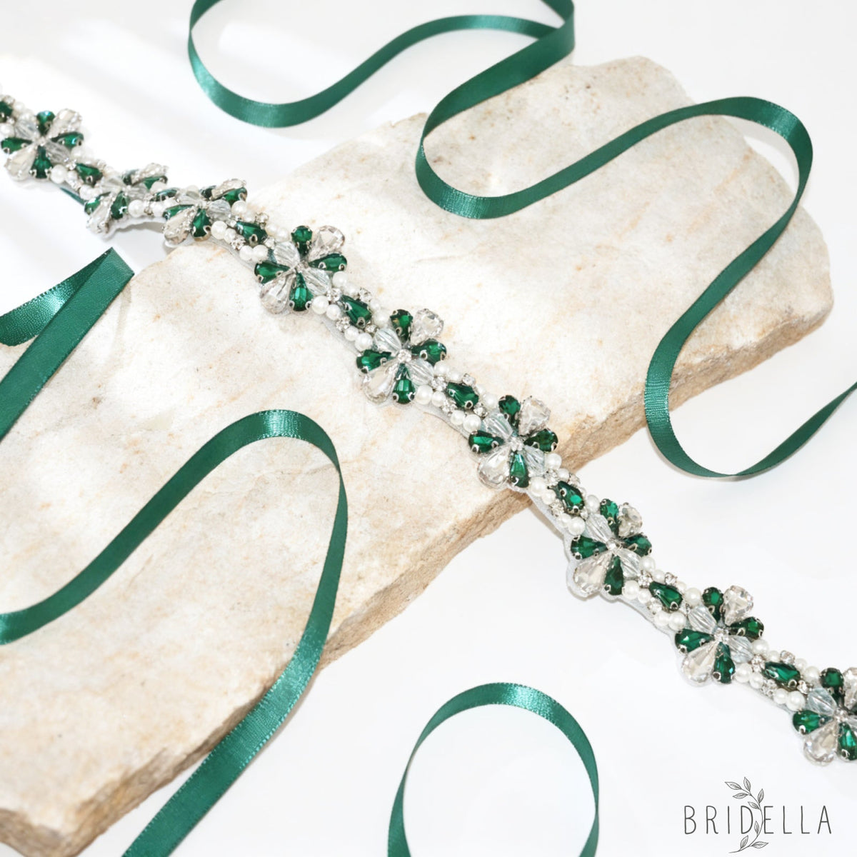 Green Rhinestone Pearl Bridal Belt Wedding Sash – Bridella BS169KL - Green Ribbon - Blets