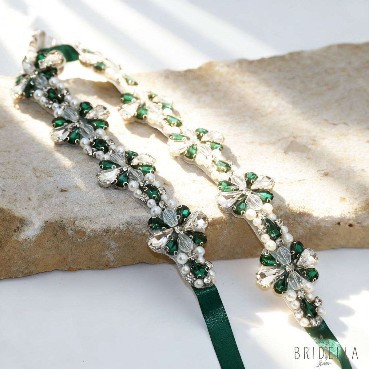 Green Rhinestone Pearl Bridal Belt Wedding Sash – Bridella BS169KL - Green Ribbon - Blets