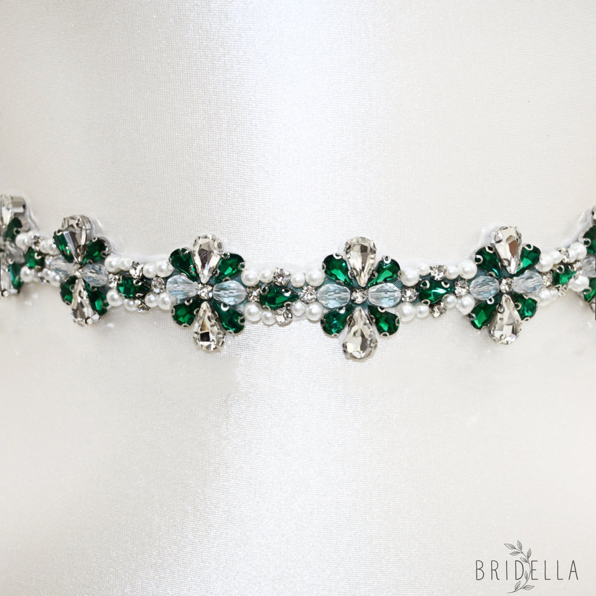 Green Rhinestone Pearl Bridal Belt Wedding Sash – Bridella BS169KL - Green Ribbon - Blets
