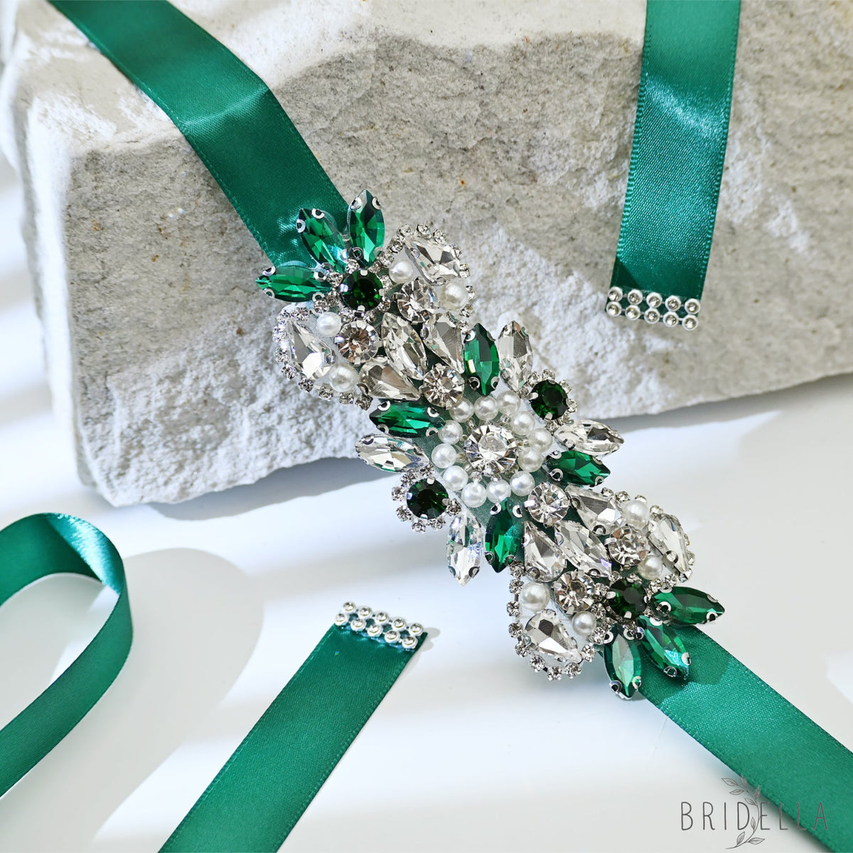 Green Rhinestone Pearl Bridal Belt Wedding Sash - Bridella BS86KL - Green Ribbon - Belts
