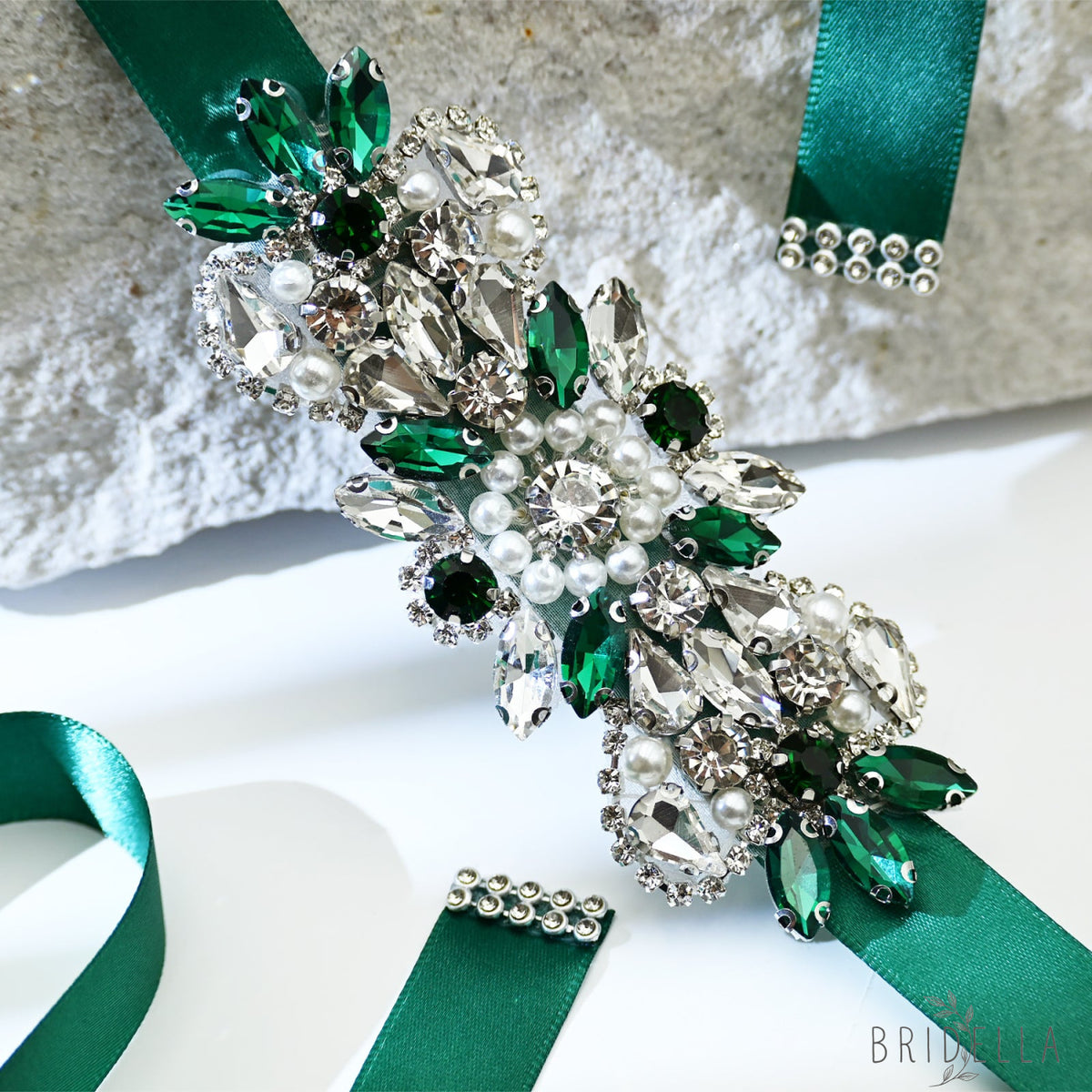 Green Rhinestone Pearl Bridal Belt Wedding Sash - Bridella BS86KL - Green Ribbon - Belts