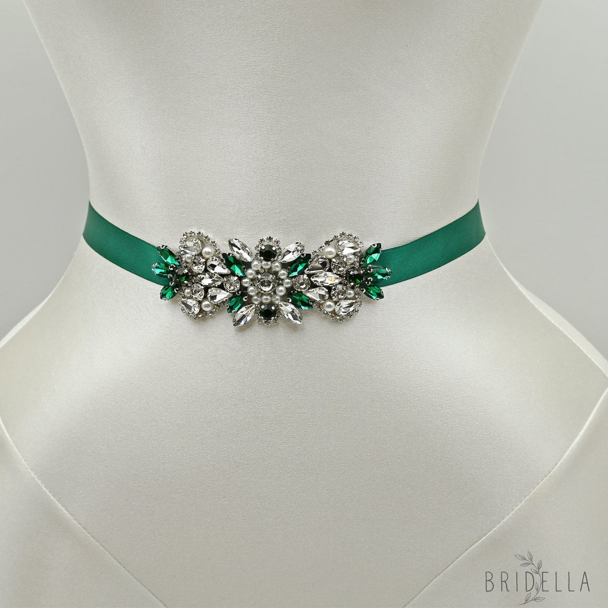 Green Rhinestone Pearl Bridal Belt Wedding Sash - Bridella BS86KL - Green Ribbon - Belts