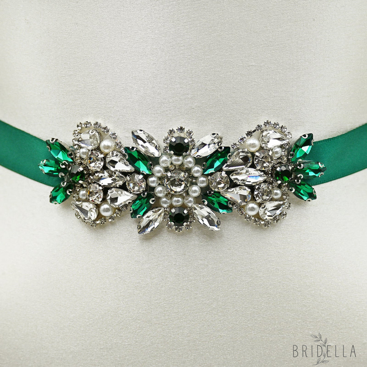 Green Rhinestone Pearl Bridal Belt Wedding Sash - Bridella BS86KL - Green Ribbon - Belts