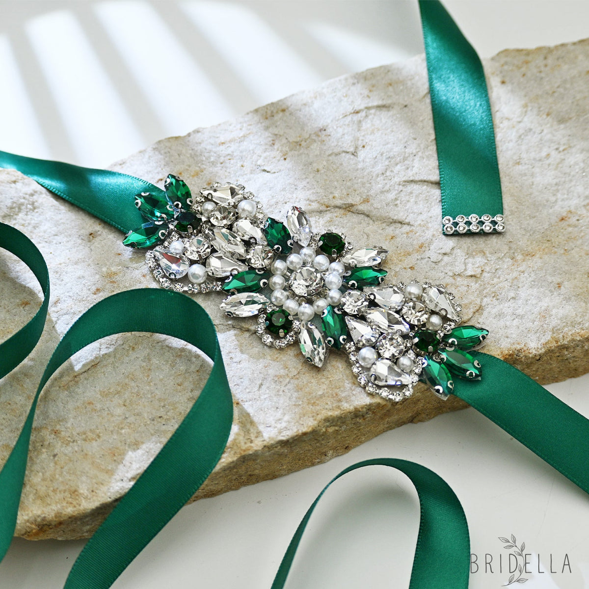Green Rhinestone Pearl Bridal Belt Wedding Sash - Bridella BS86KL - Green Ribbon - Belts