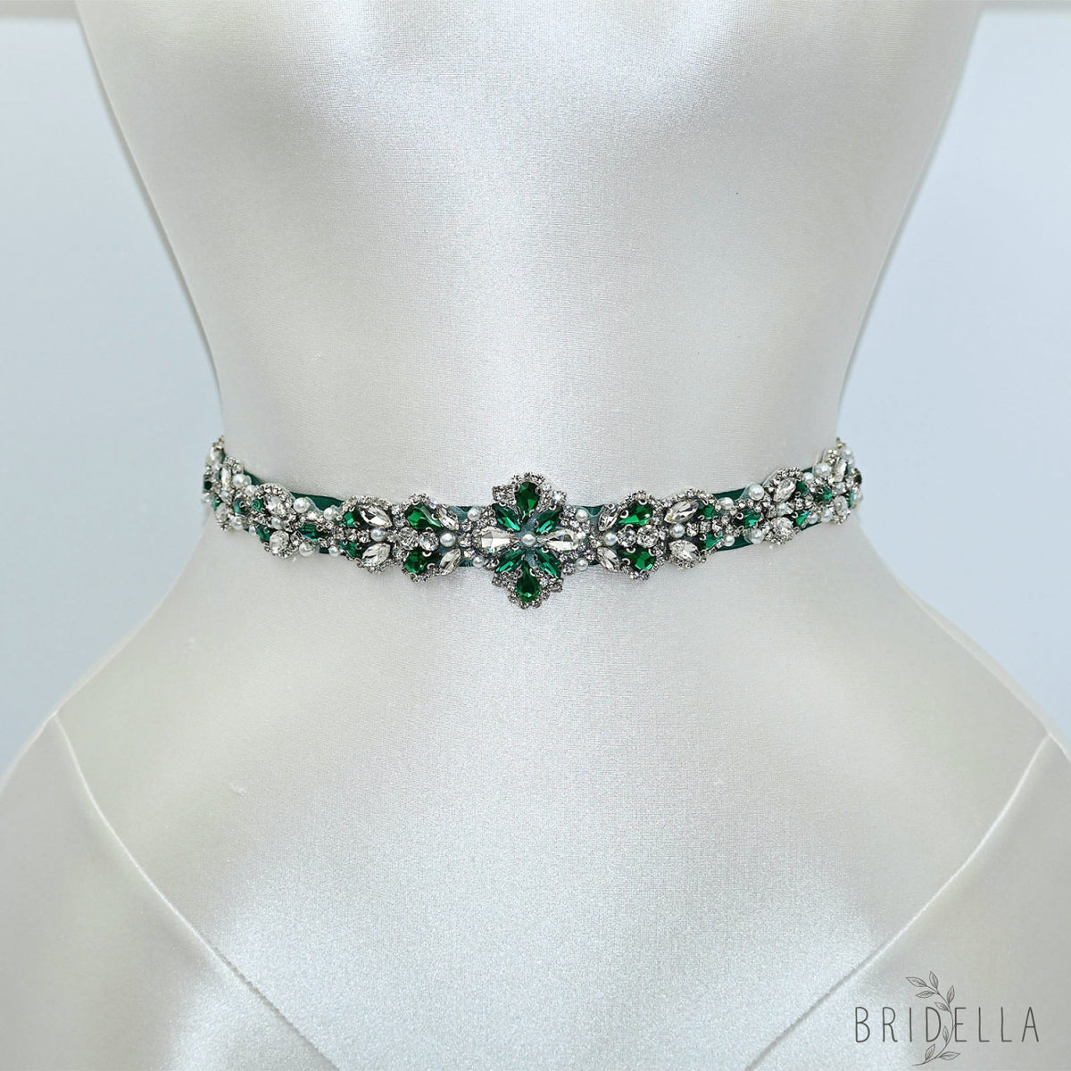 Green Rhinestone Pearl Bridal Belt Wedding Sash - Green Ribbon - Belts