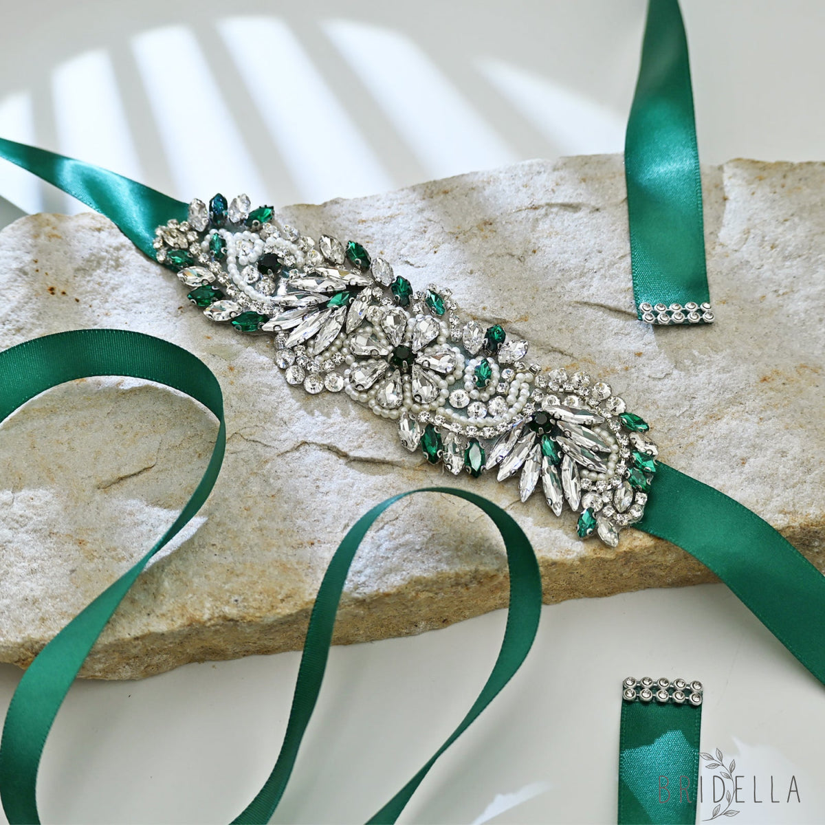 Green Rhinestone Pearl Bridal Belt Wedding Sash - Green Ribbon - Belts