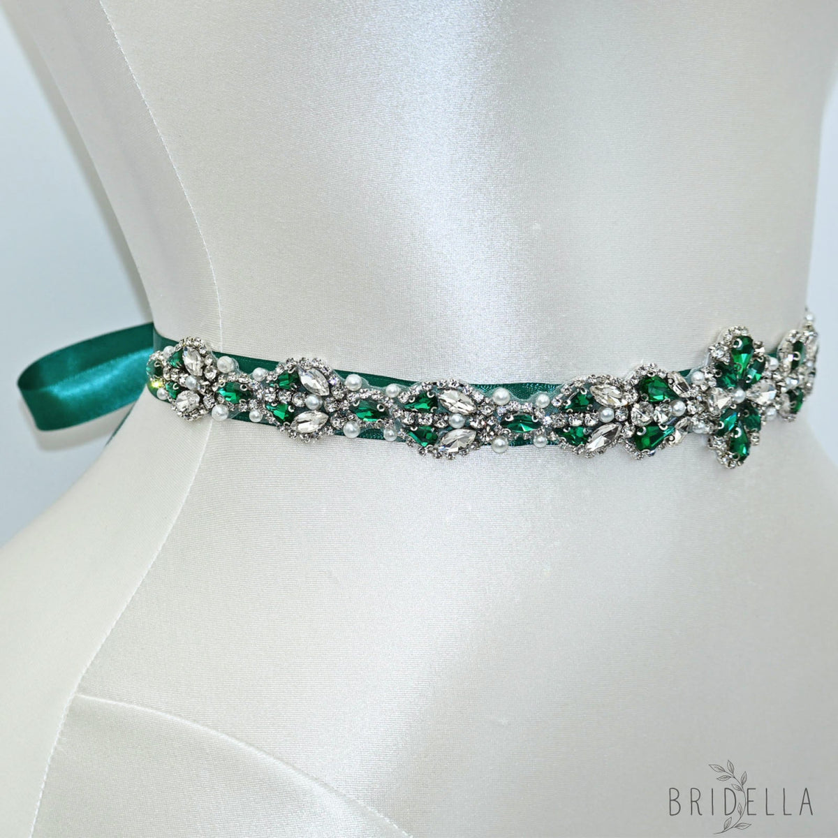 Green Rhinestone Pearl Bridal Belt Wedding Sash - Green Ribbon - Belts