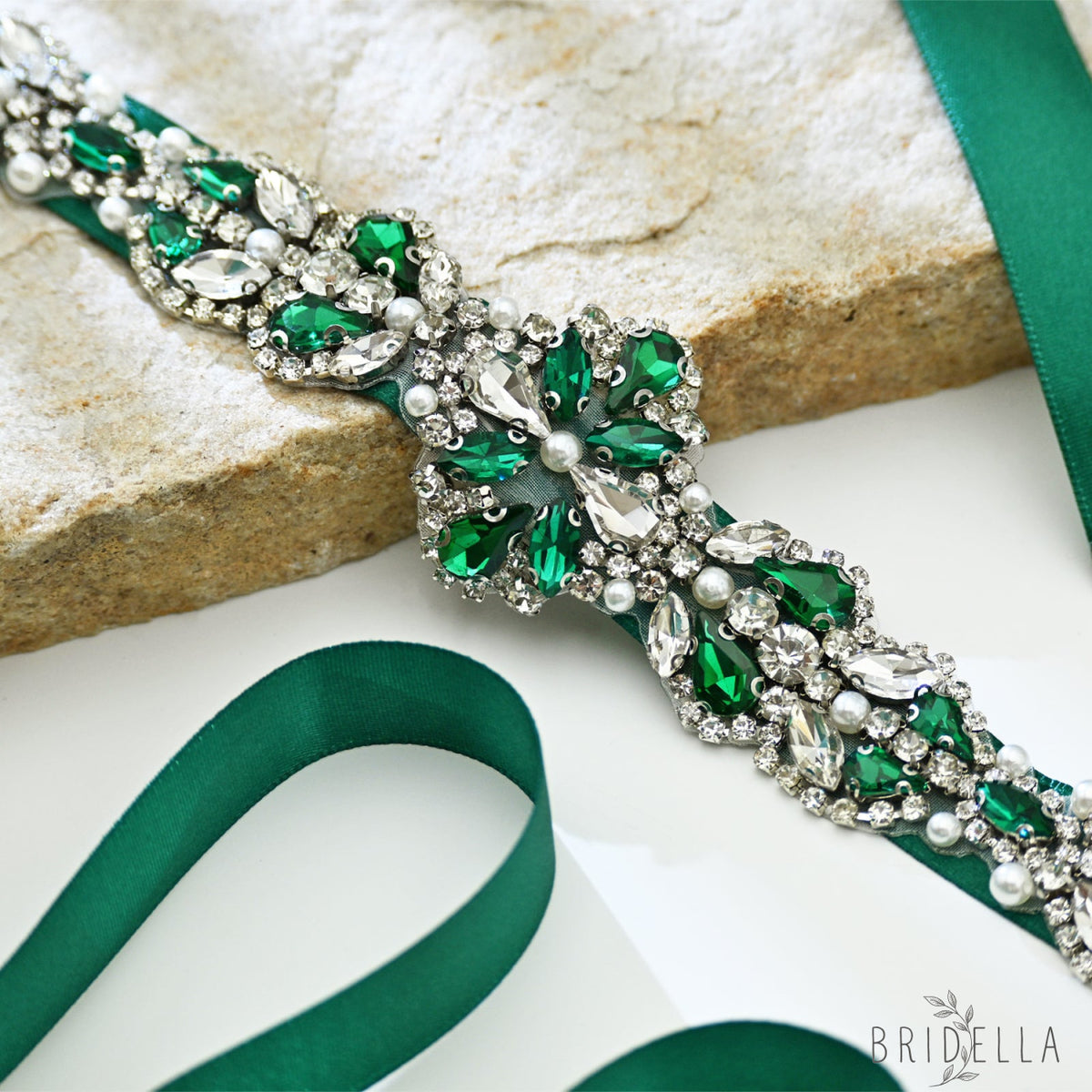 Green Rhinestone Pearl Bridal Belt Wedding Sash - Green Ribbon - Belts