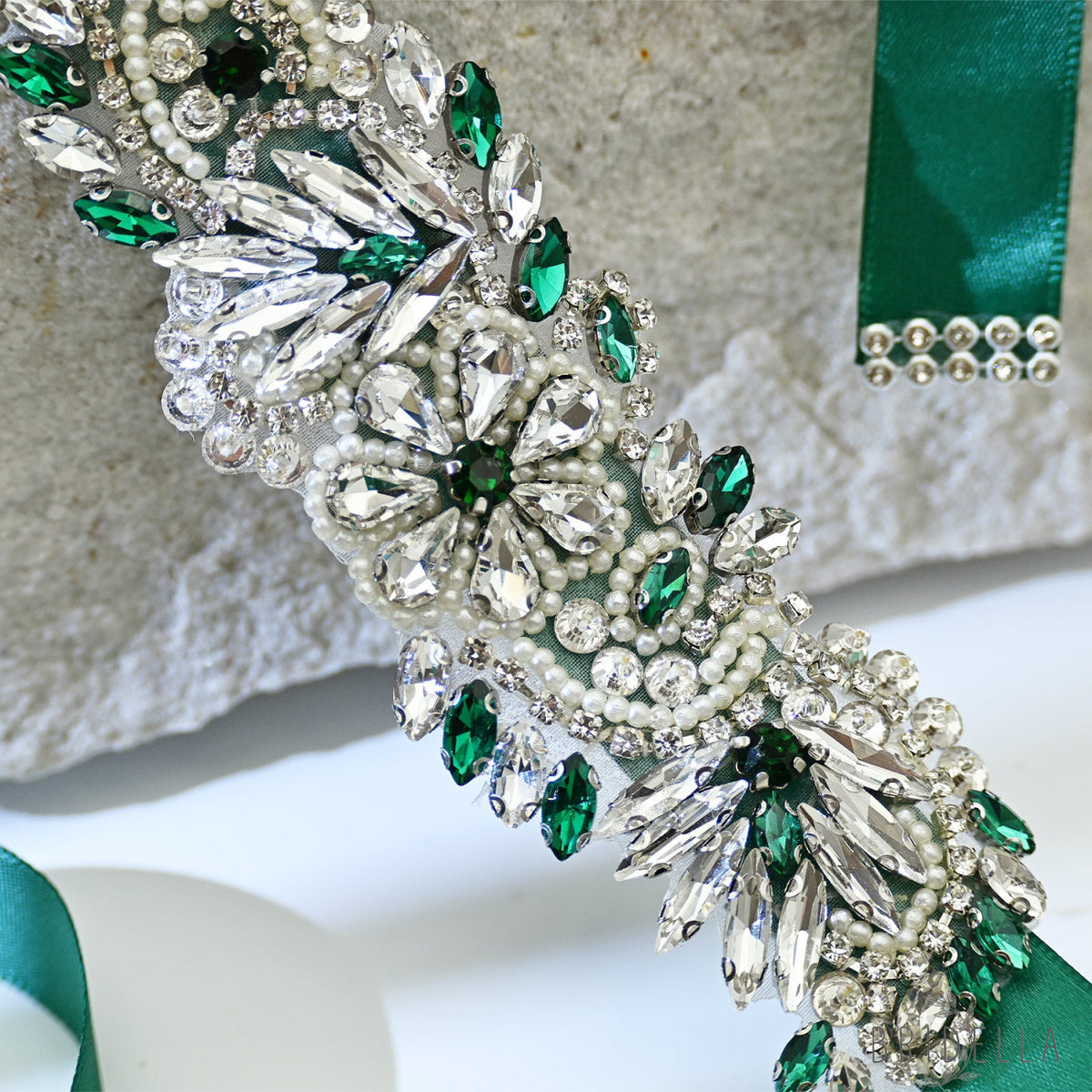 Green Rhinestone Pearl Bridal Belt Wedding Sash - Green Ribbon - Belts