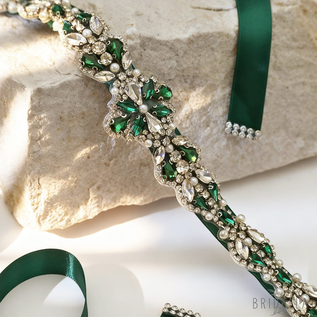 Green Rhinestone Pearl Bridal Belt Wedding Sash - Green Ribbon - Belts