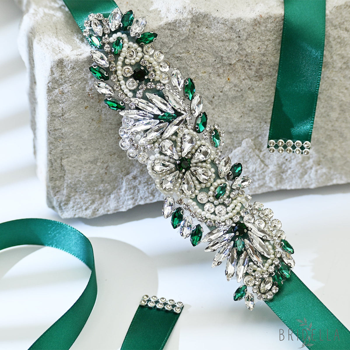 Green Rhinestone Pearl Bridal Belt Wedding Sash - Green Ribbon - Belts