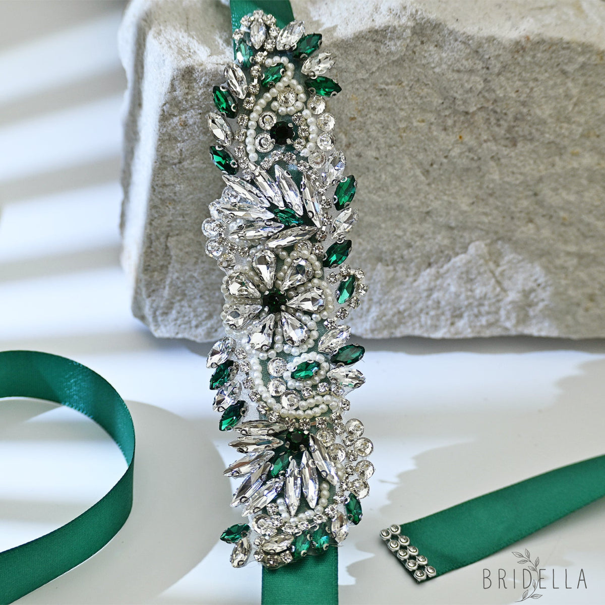 Green Rhinestone Pearl Bridal Belt Wedding Sash - Green Ribbon - Belts