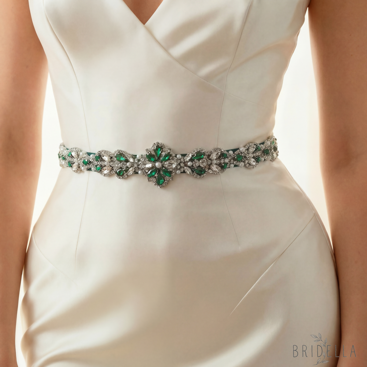 Green Rhinestone Pearl Bridal Belt Wedding Sash - Green Ribbon - Belts