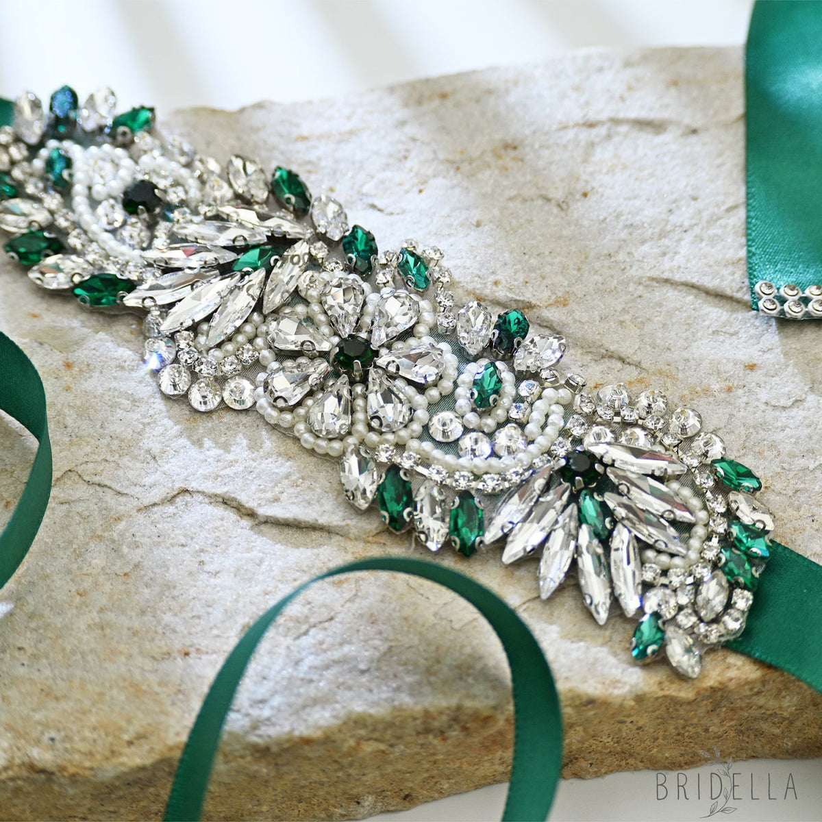 Green Rhinestone Pearl Bridal Belt Wedding Sash - Green Ribbon - Belts