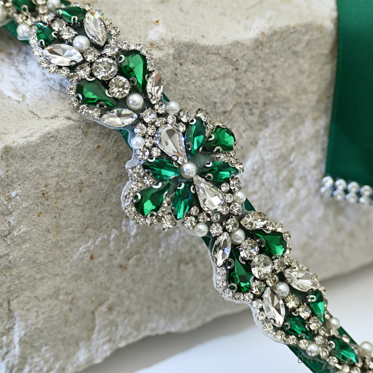 Green Rhinestone Pearl Bridal Belt Wedding Sash - Green Ribbon - Belts