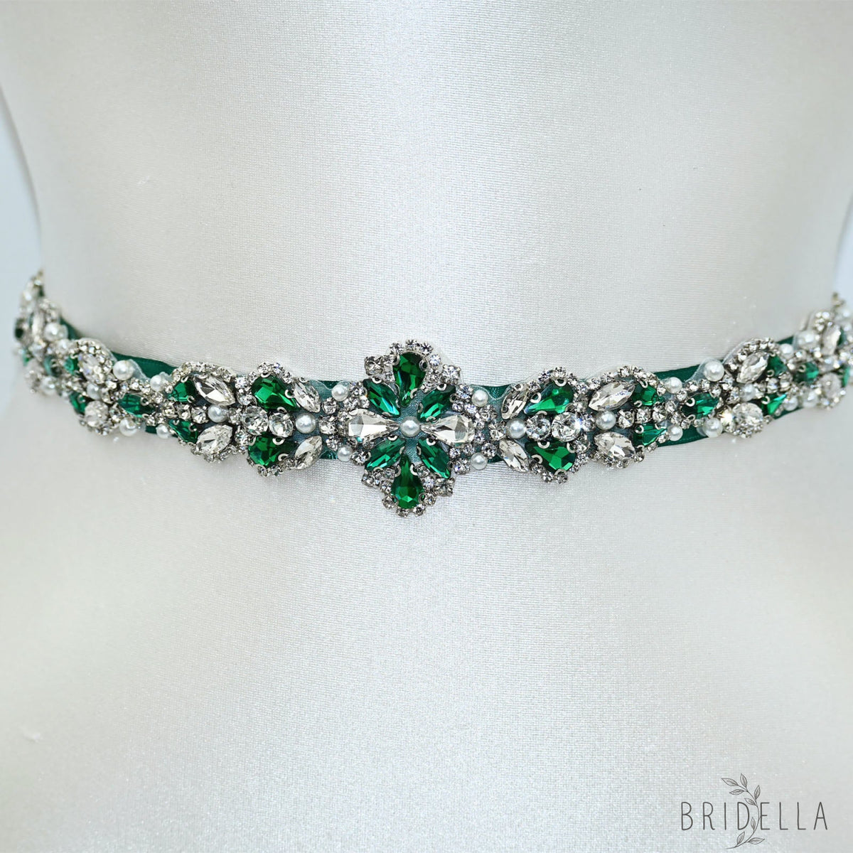 Green Rhinestone Pearl Bridal Belt Wedding Sash - Green Ribbon - Belts