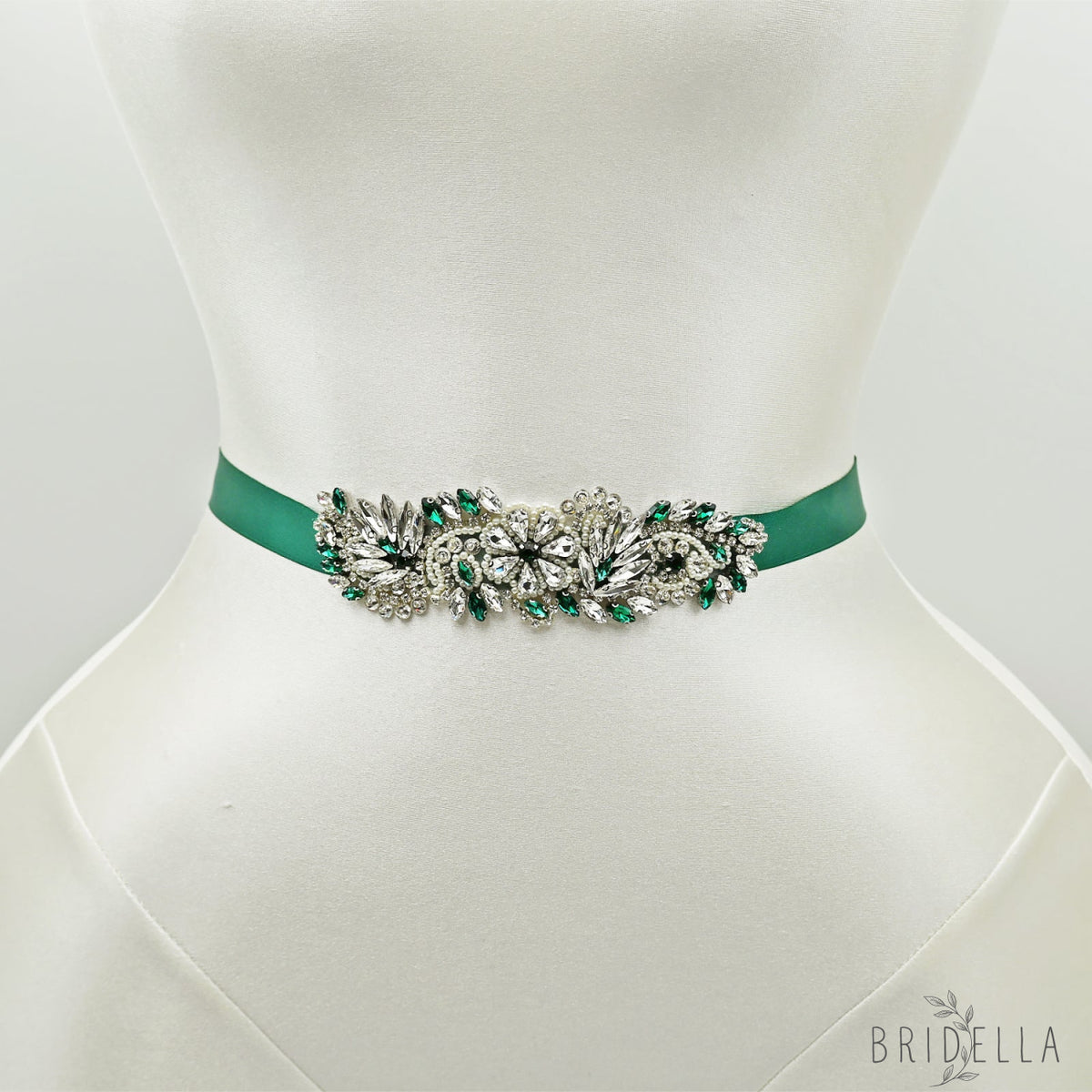 Green Rhinestone Pearl Bridal Belt Wedding Sash - Green Ribbon - Belts