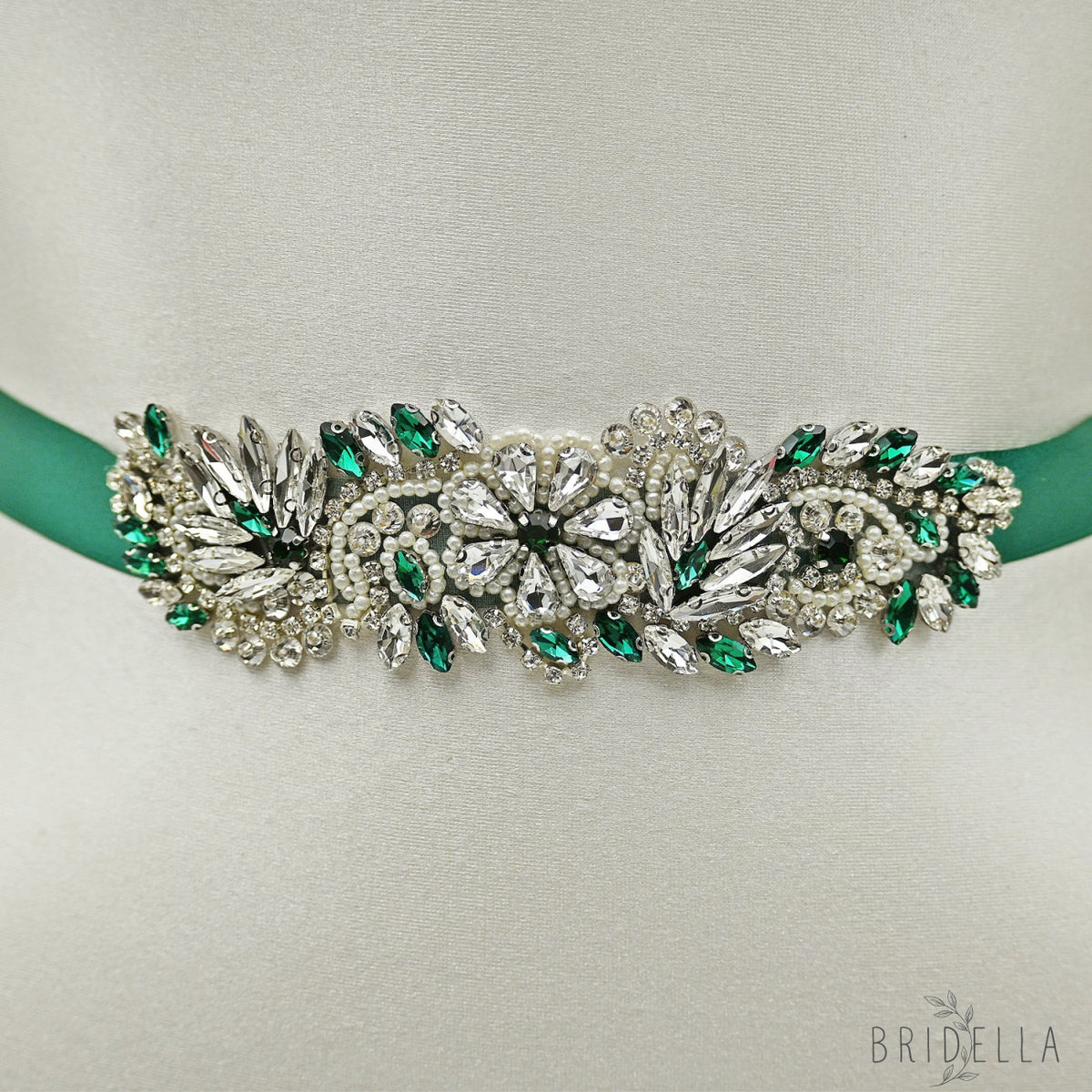 Green Rhinestone Pearl Bridal Belt Wedding Sash - Green Ribbon - Belts